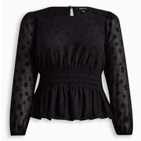 Torrid Sheer Stars Smocked Waist Crinkle Chiffon Sheer Puff Sleeve Black 2X - Picture 3 of 10